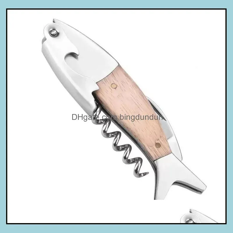 multifunction corkscrew wine opener fish shape bottle 3d shape wood handle tool accessories rrb14990