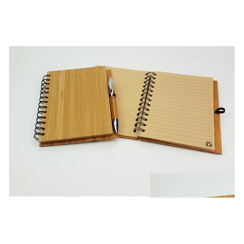 wood bamboo cover notebook spiral notepad with pen 70 sheets recycled lined paper sn1659