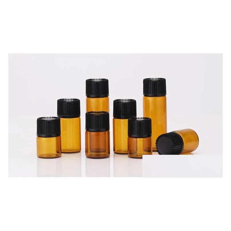 dhs 1ml 2ml 3ml 5ml small amber glass sample bottle vials with orifice reducer black cap for aromatherapy  oils sn3187