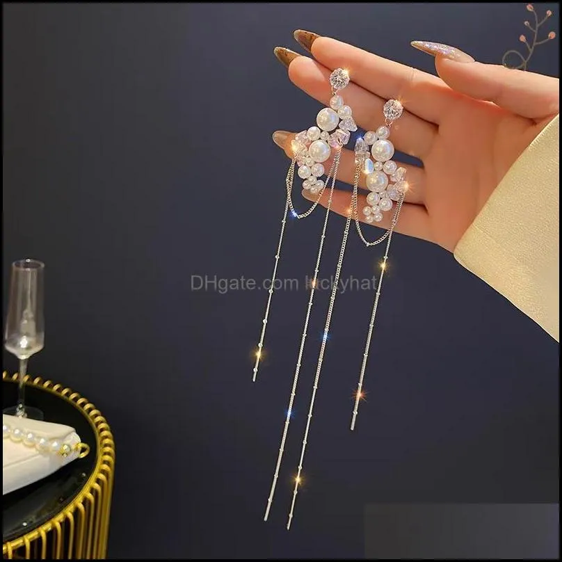 korean pearl crystal dangle earring for women long chain tassel fashion earrings party trend jewelry gift