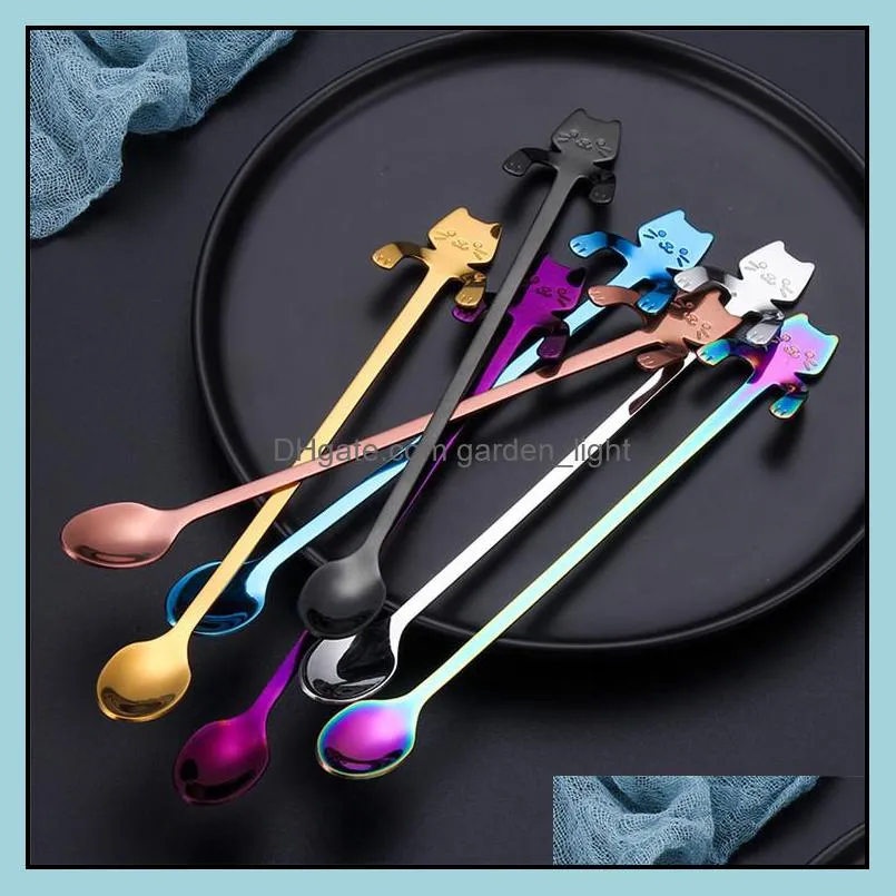 long handle tea spoons black rainbow copper gold slilver cat stainless steel 304 long dessert spoons