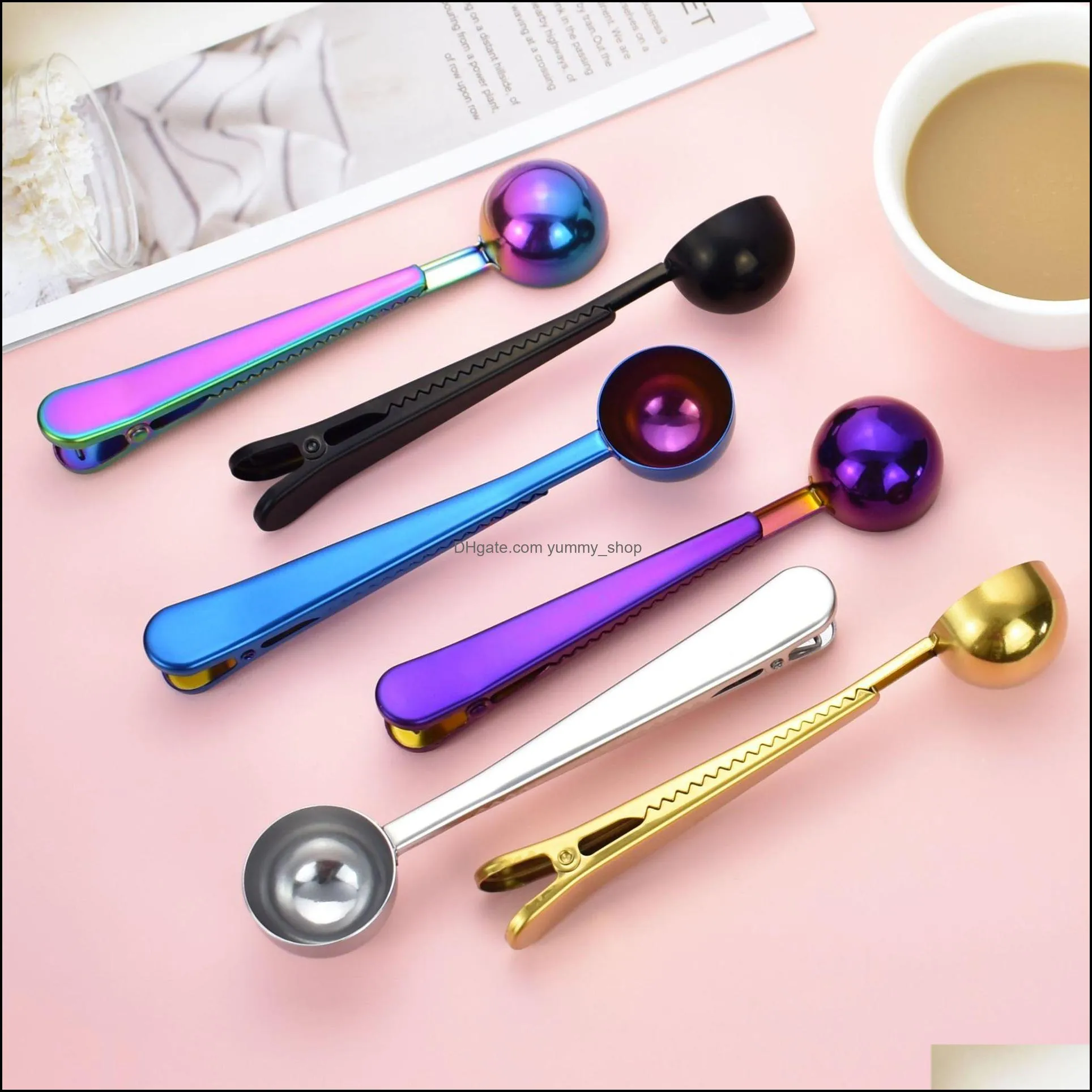 newstainless steel coffee measuring spoon with bag seal clip multifunction jelly ice cream fruit scoop spoon kitchen accessories