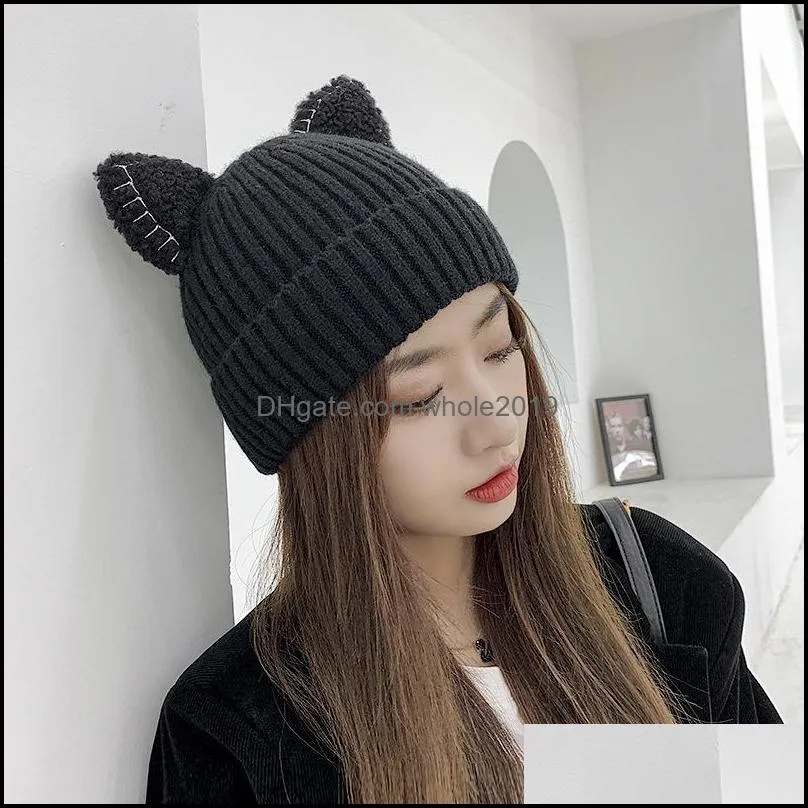 beanie/skull caps cute hat with ears warm women knitted winter cat skullies woman outdoor beanies panama lady cap