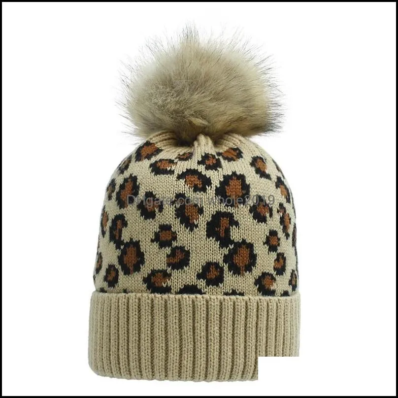 beanie/skull caps women winter warm knitted beanie hat vintage leopard animal print fuffy pompom cuffed skull cap head cover ear warmer