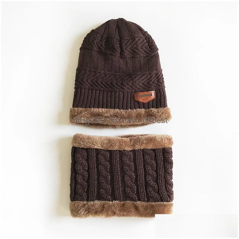 autumn winter mens knitted caps wool hats thick pullovers neck warmer with hat 2pcs/set