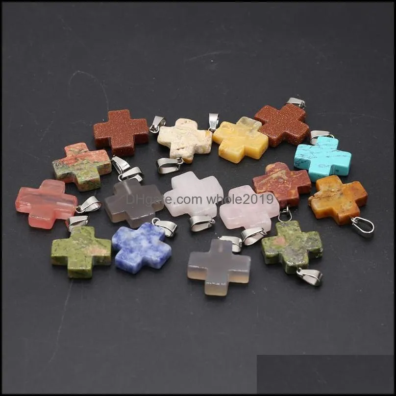 charms 2022 natural semiprecious stone crystal rough quartz mineral agate gem cross pendant for making diy necklace accessories