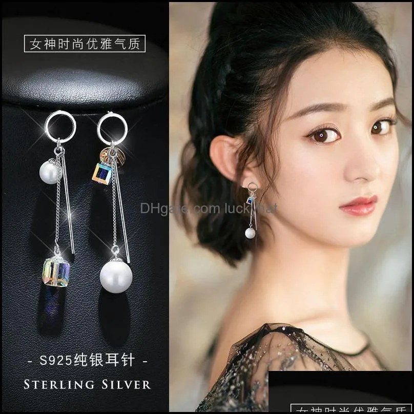 cr jewelry long stud earrings women wholesale 925 silver needle girl heart tassel korean retro pearl es1d052