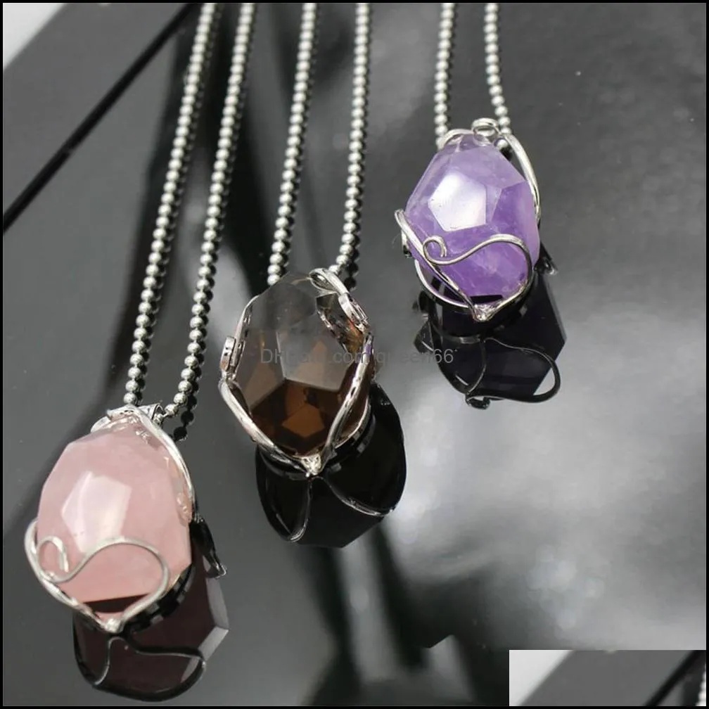 silver plated wire wrap irregular necklace cut gemstone healing energy natural crystal pendant necklaces amethyst powder tea