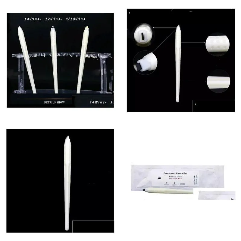 hot top quality 50pcs permanent makeup white disposable microblading pens with 7/12/14/17/18u pins needles embroidery blades 