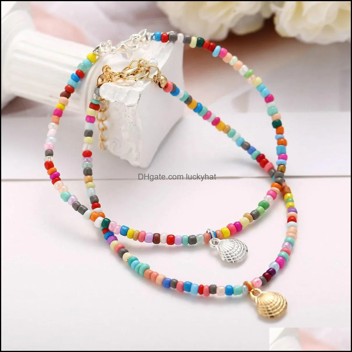 hot selling summer bohemian style color beaded anklet retro alloy scallop pendant foot chain