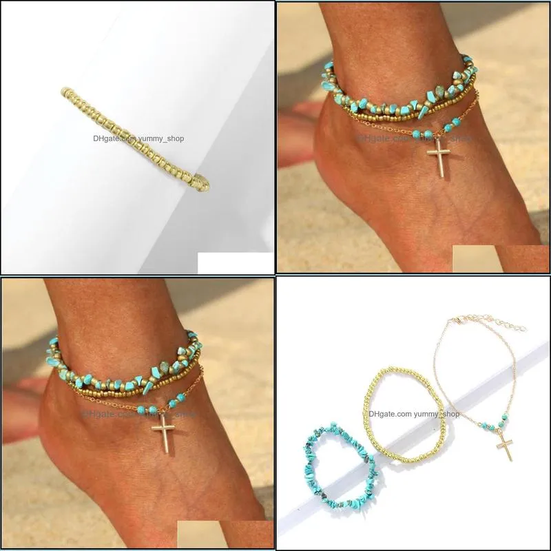 fashion gold beads natural stone cross drop anklets set for women girls boho leg bracelet foot jewelry wholesale