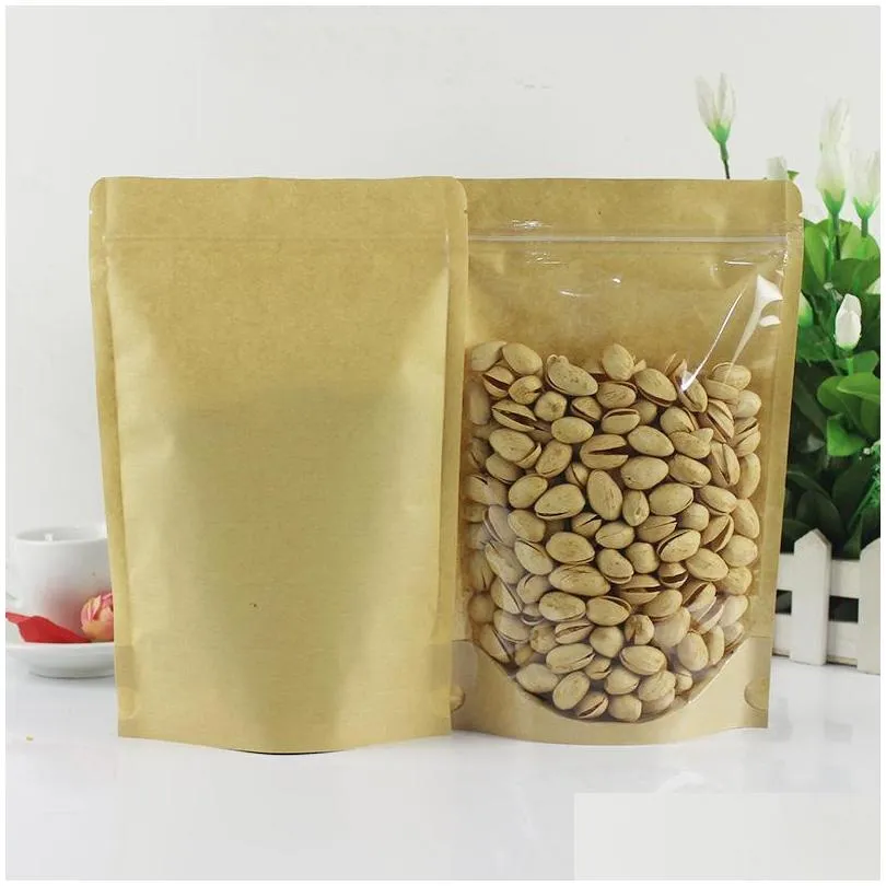 kraft paper zipper lock food packing bags reusable plastic front transparent stand up pouch gift candy baking snack bag lx1800