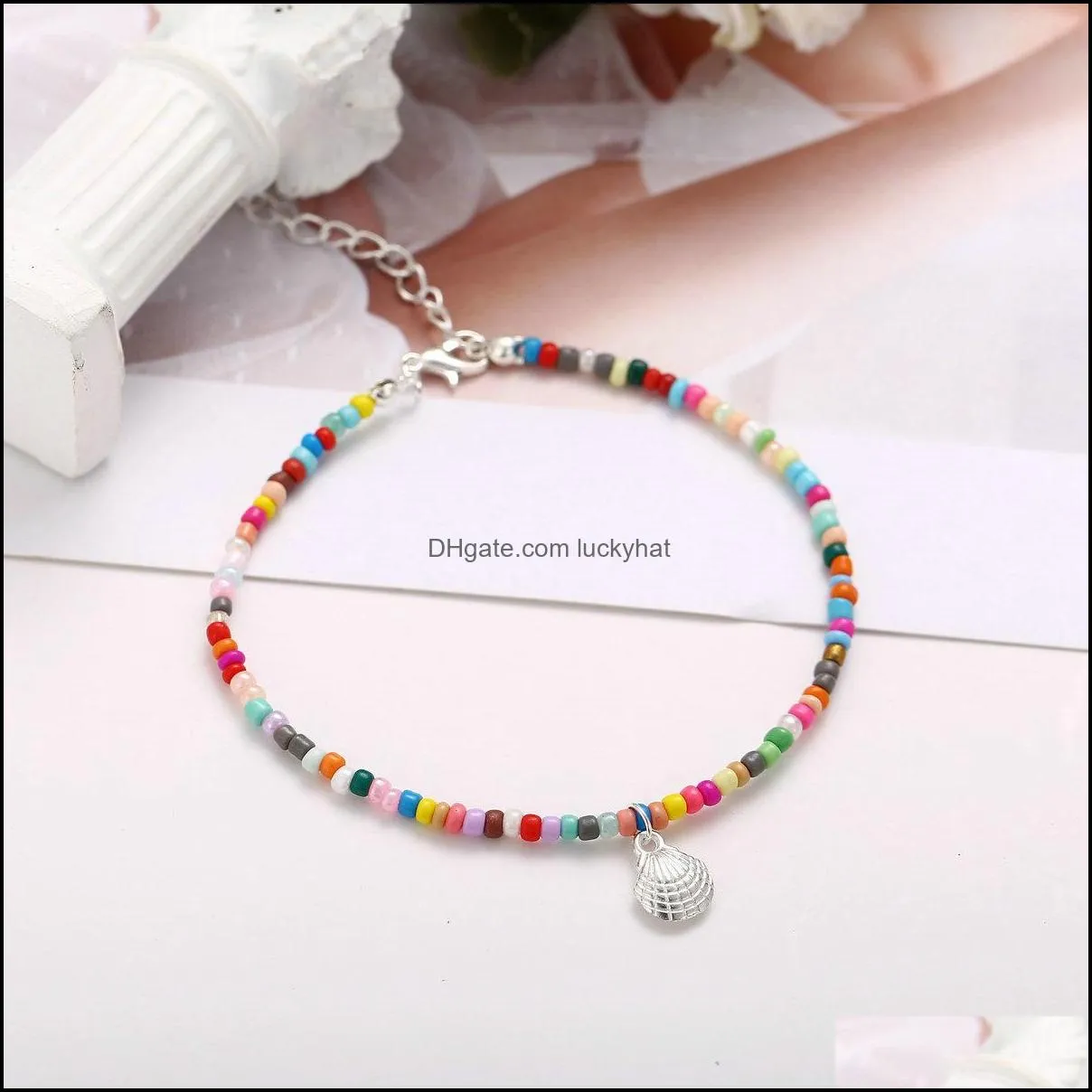 hot selling summer bohemian style color beaded anklet retro alloy scallop pendant foot chain