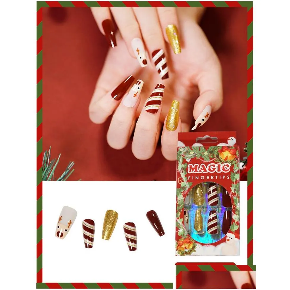 18 styles red white green 24pcs/box hot selling summer full cover nails tips christmas design style long press on nail tips