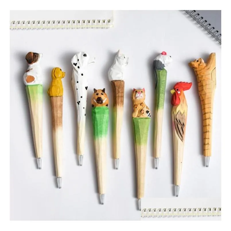 200pcs lot animal wooden carving creative ballpoint pen wood ball point pens handmade sculpture student ballpoint