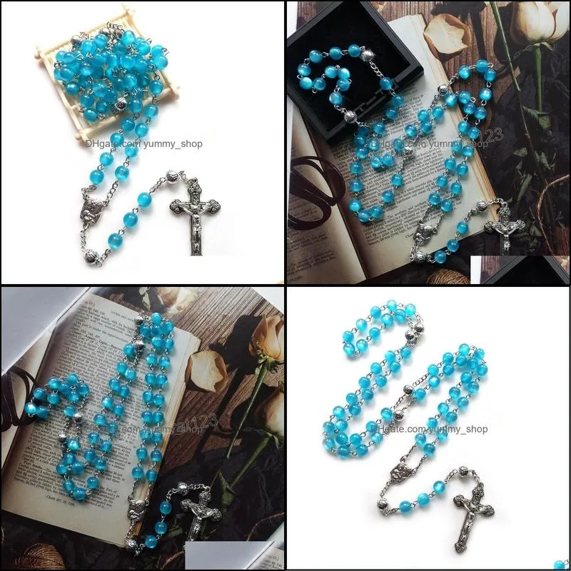 catholic prayer jewelry blue acrylic transparent beads long cross pendant rosary necklace for men women