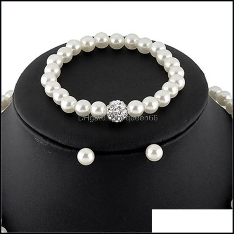 high quality cream glass pearl and disco rhinestone ball women bridal necklace bracelet and earrings wedding jewelry sets 502 q2