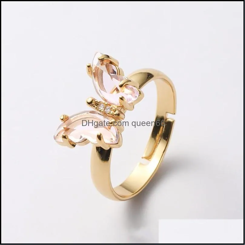 elegant colorful transparent glass crystal butterfly ring for women simple style candy color rings girl party jewelry gift