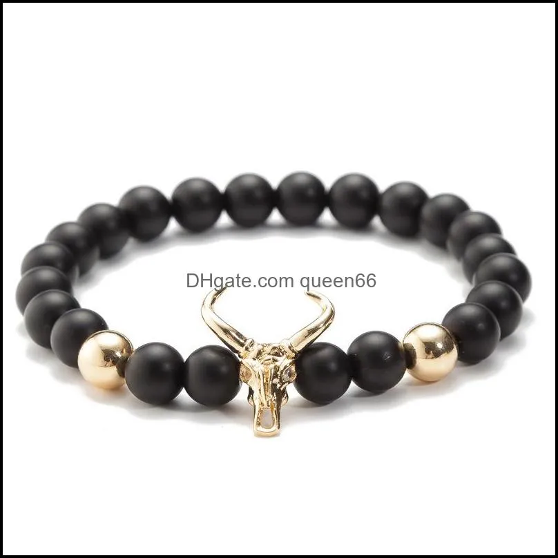 women jewelry bracelet strands punk cz bull head skull men fashion 8mm lava stone beads charm bracelets bangles macrame gift