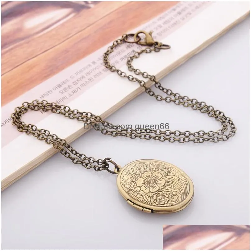 fashion jewelry vintage carved flowers openable locket photo box pendant necklace sweater necklaces
