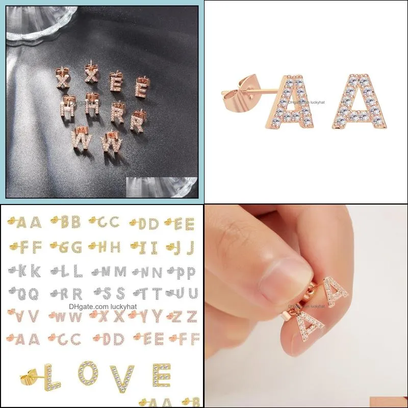 26 letter copper inlaid zircon stud earrings rose gold temperament small letter ear accessories capital letters earring