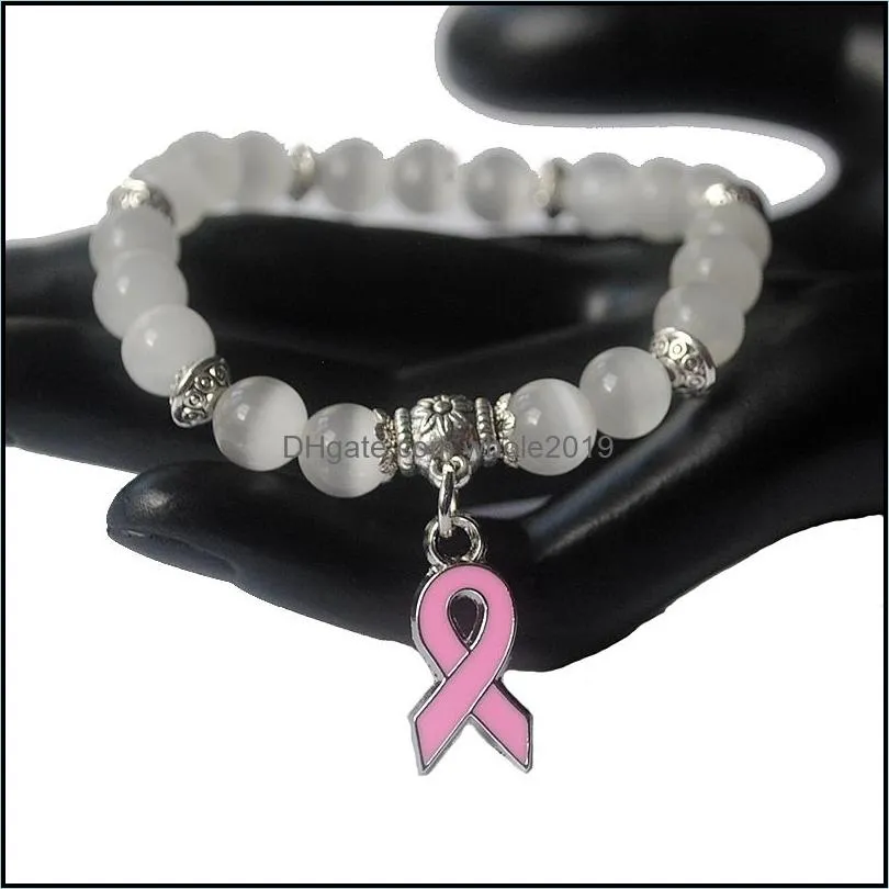 breast cancer awareness pink ribbon charm bracelet 5 color cat eye opal 8mm beads bracelets bangle