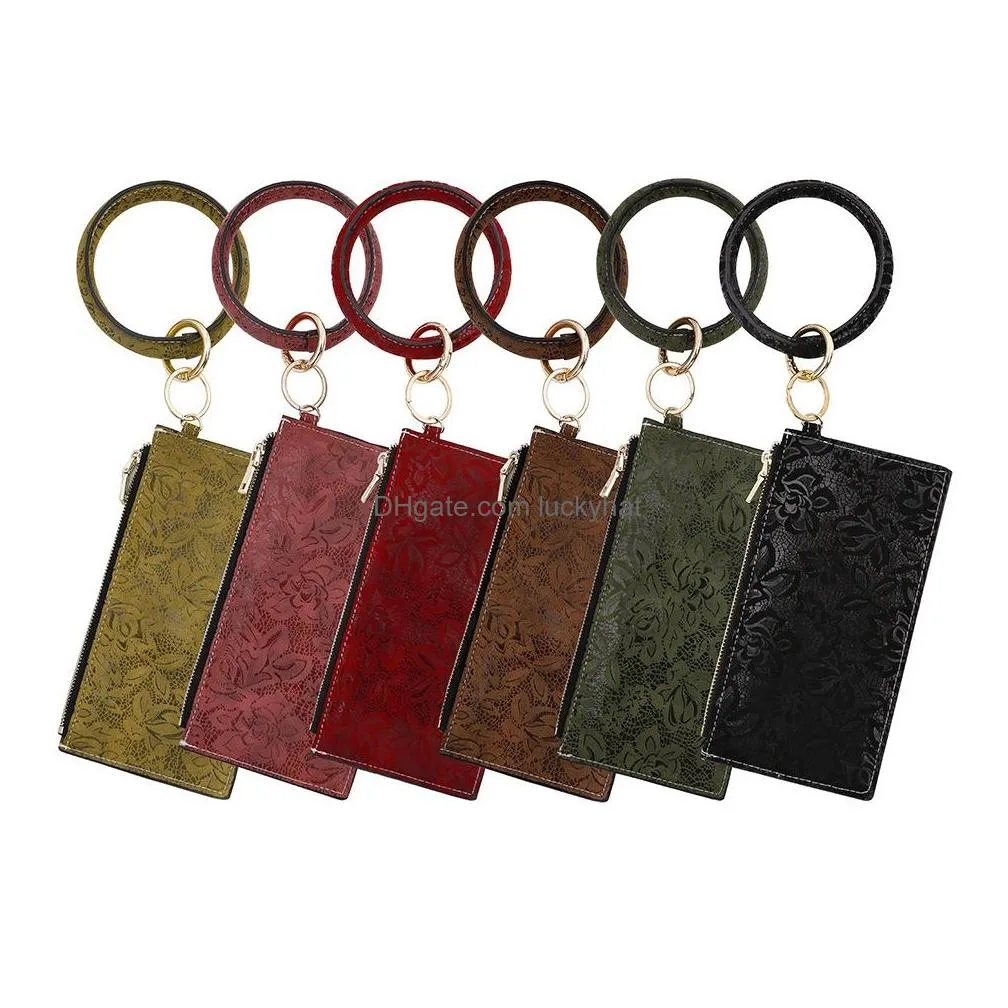 women girls pu leather bracelet key ring bangle keyring ring circle keychain wristlet keyrings jewelry with wallet