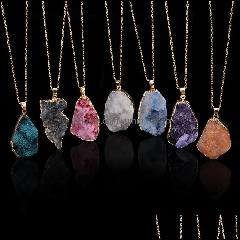  irregular druzy natural stone necklace quartz chakra crystal necklace slice pendant gold color chain necklaces women jewelry