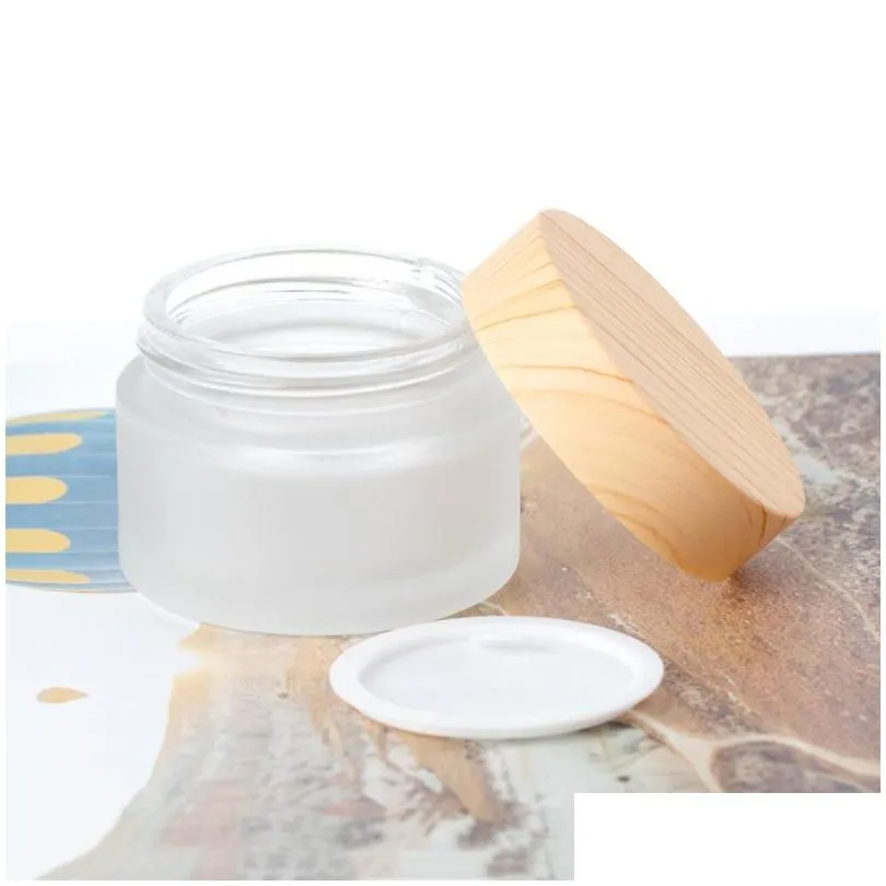 frosted glass jar cream bottles round cosmetic jars hand face packing bottles 5g 10g 30g 50g jars with wood grain cover dhs