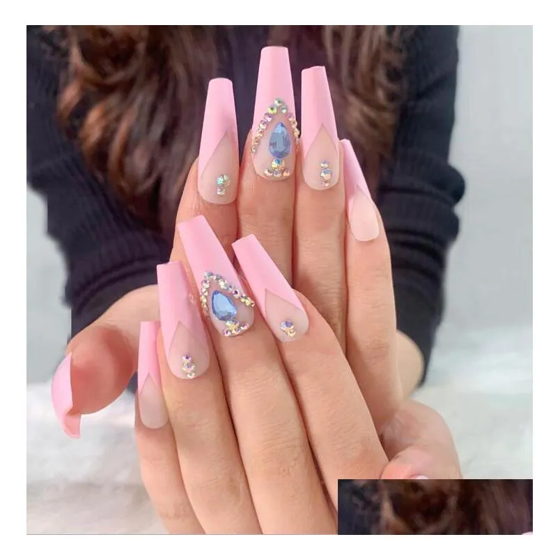 the wave line 24pcs/box fashional summer full cover nails tips christmas design style long press on nail tips french ballet blue diamond nail