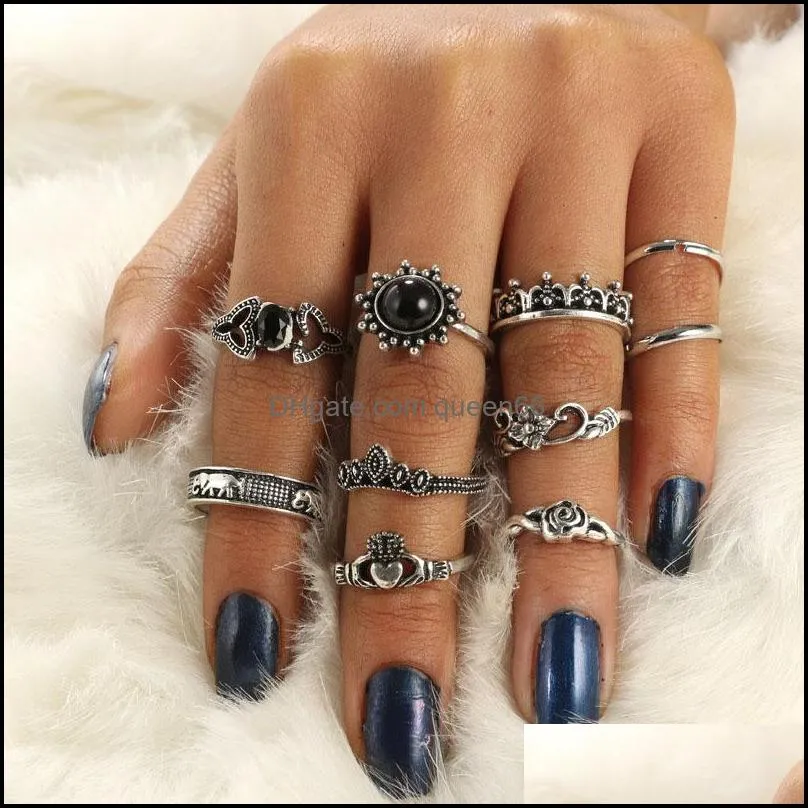 fashion hollow flower elephant heart shape ring set for women bohemia style big vintage alloy knuckle rings 10 pcs jewelry set