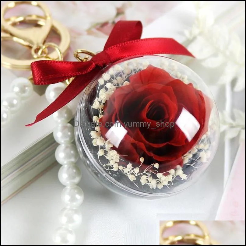 eternal flower keychain clear acrylic ball transparent sphere 5cm rose key ring valentines gift wedding favors rra11097