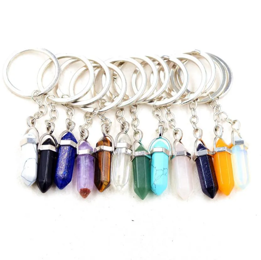 natural stone hexagonal prism key rings keychains healing pink crystal car decor key chain keyholder for women men jewelry