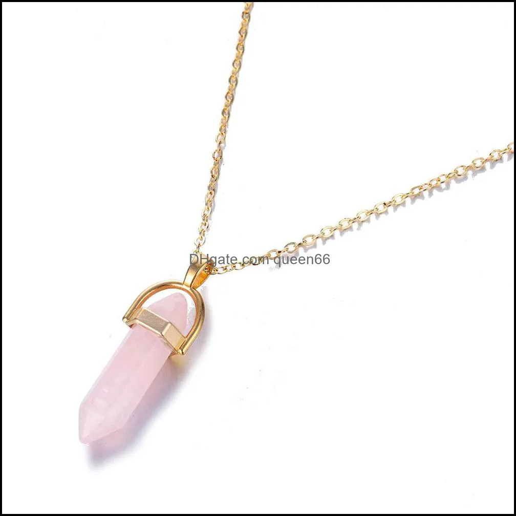 gold plated hexagonal column rose quartz necklace opal pendant fashion natural stone bullet pink crystal pendants necklaces ladies men