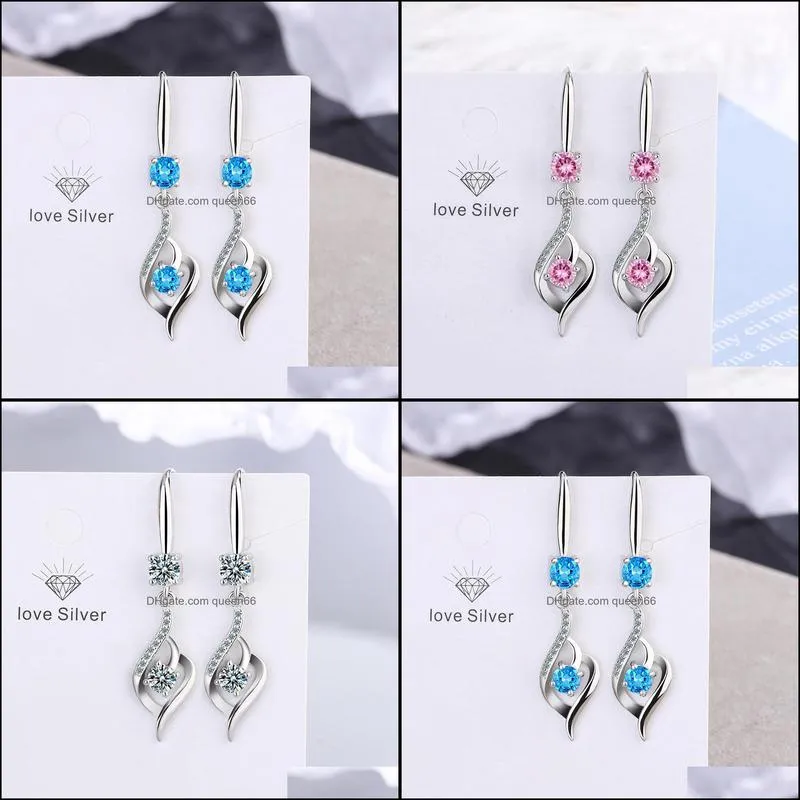 s925 stamp silver plated crystal charms pink blue white zircon earrings tassel hook type womens fashion jewelry earrings wedding party