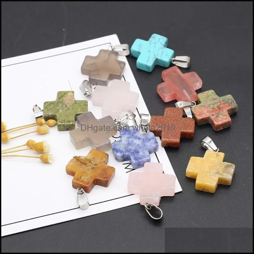 charms 2022 natural semiprecious stone crystal rough quartz mineral agate gem cross pendant for making diy necklace accessories