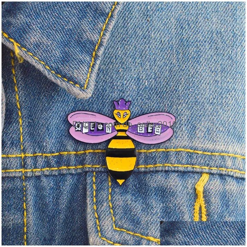 cute purple wings black yellow striped bee brooches for women creative letter queen bee alloy drip oil paint badge jewelry friend gift