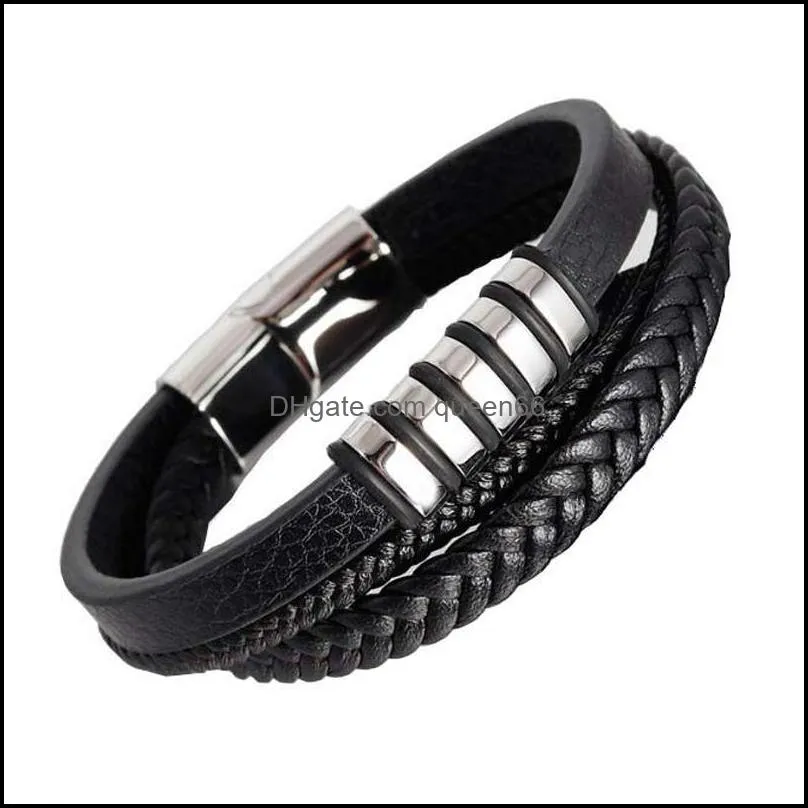 stainless steel charm magnetic black men bracelet leather genuine braided punk rock bangles jewelry