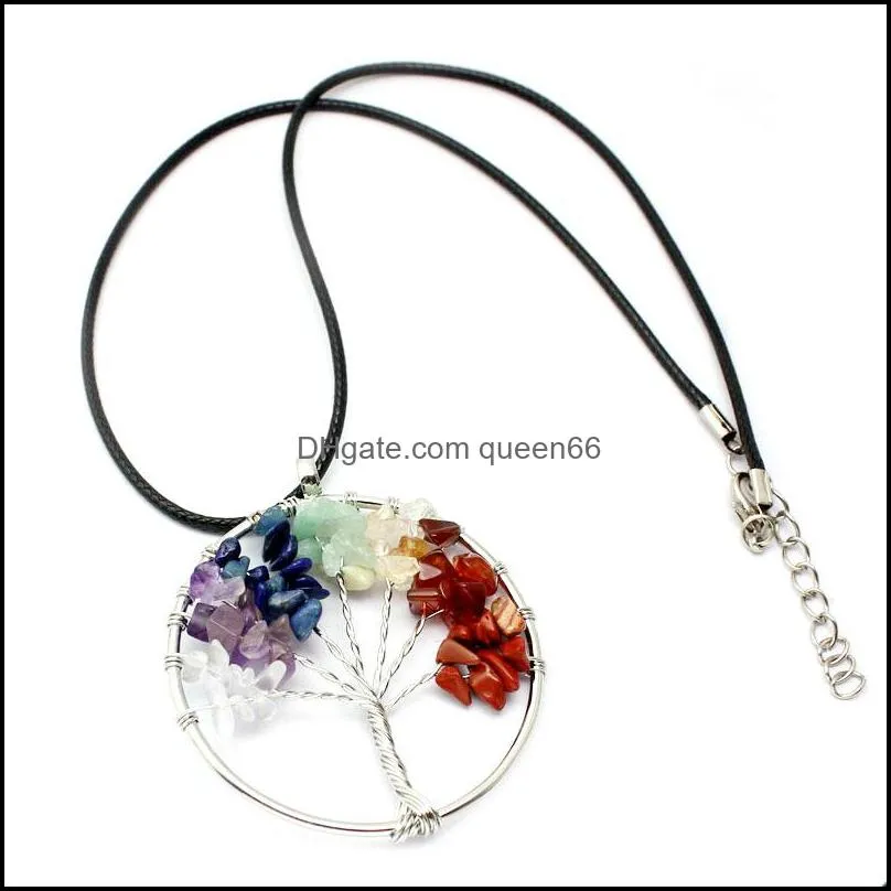 natural crushed stone healing crystals quartz tree of life pendant necklaces 7 chakras gemstone handmade jewelry mothers fathers day