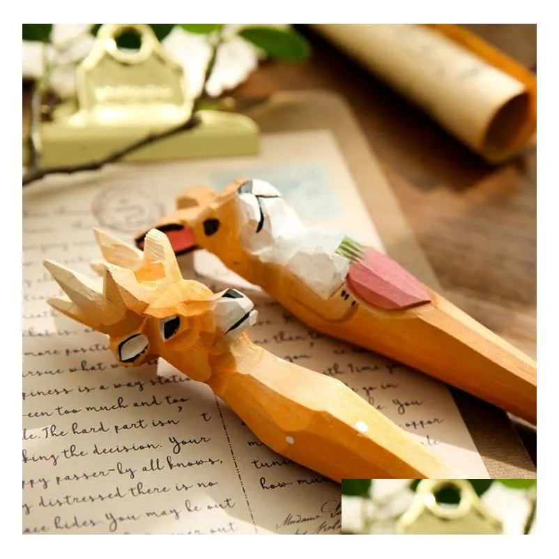 200pcs lot animal wooden carving creative ballpoint pen wood ball point pens handmade sculpture student ballpoint