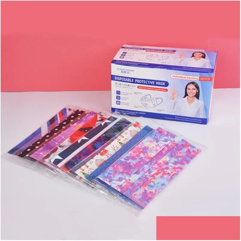 50pcs/box printed disposable face mask for adult 3layer independent packaging protective masks