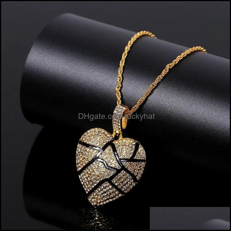 broken heart pendant necklaces mens bling crystal rhinestone love charm gold silver twisted chain for women hip hop jewelry xl1c143