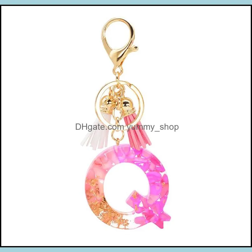 fashion english letter keychain resin pink stone with tassels foil filling pendant key chain handbag charms for woman