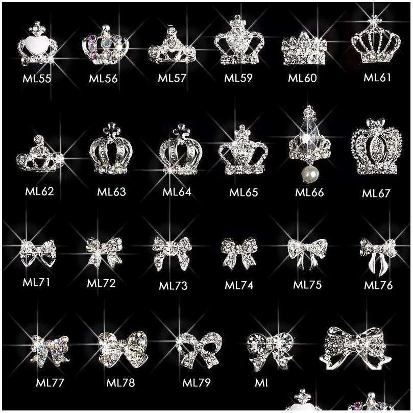 100pcs silver crown bows rhinestone nail design alloy 3d diy crown nail art supplies pendant decorations accessories ml5584