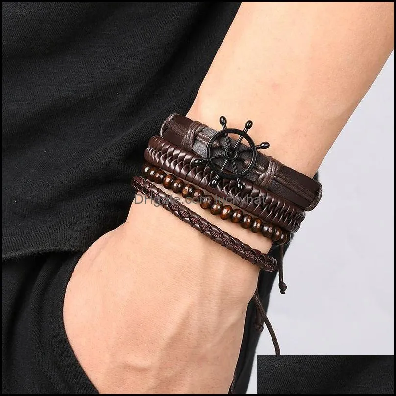 vintage leaf feather multilayer wood leather bracelet men fashion braided handmade star rope wrap bangles 4 pcs/set