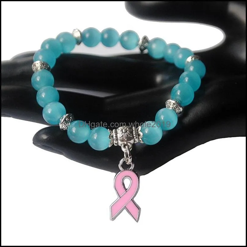 breast cancer awareness pink ribbon charm bracelet 5 color cat eye opal 8mm beads bracelets bangle