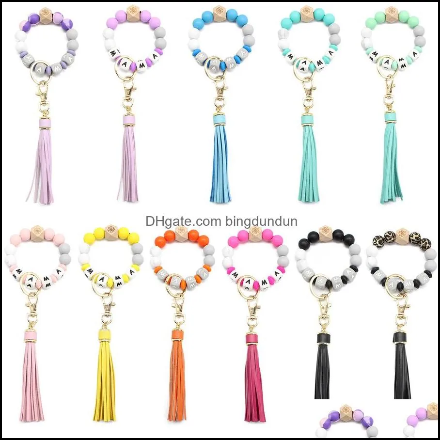 party favor letter silicone bead bracelets tassel key chain pendant womens jewelry bag accessories mothers day gift rra4535