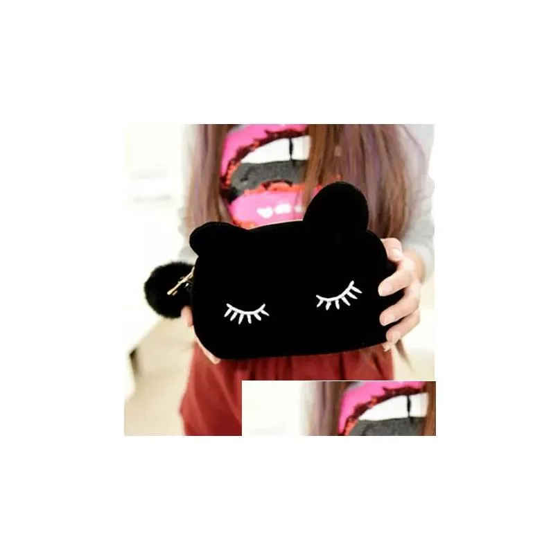 cute portable cartoon cat coin storage case travel makeup flannel pouch cosmetic bag korean and japan style shipping
