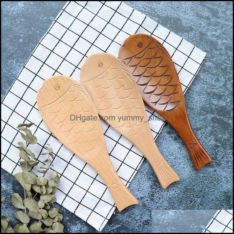 wooden fish shape soup spoon with pattern soups spoons thickened rice scoop hotel dining room cooking scoops kitchen tool rrb14709