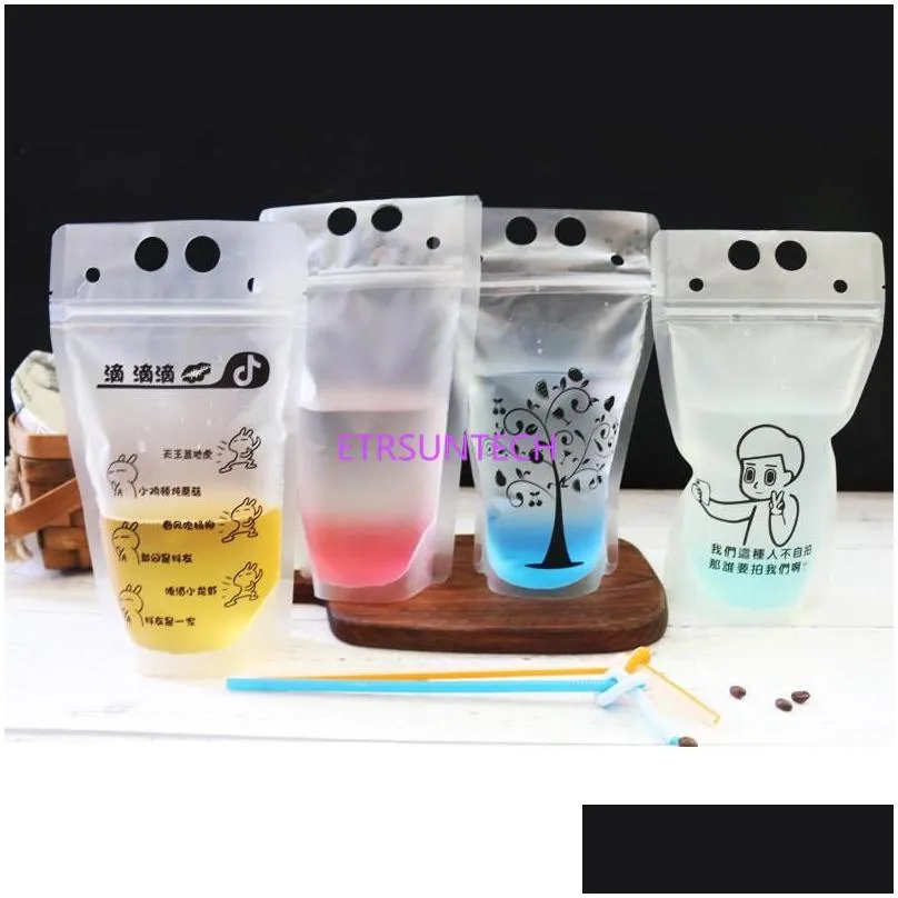 450 ml 7 style plastic drink packaging bag pouch for beverage juice milk coffee with handle and holes for straw lx0608